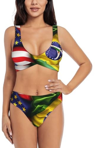 American and Brazilian Flags Bikini Set for Women - Premium High Waisted 2 Piece Swimsuits for Women 2024 with Tummy Control, Black, Large