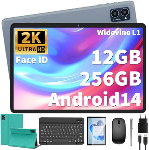 JJGJ Tablet Android con teclado, 10 pulgadas, Android 14, 12 GB+256 GB, 1 TB de expansión, con pantalla 2K, 8 núcleos, 7000 mAh, WiFi 5G, cámara de 13 MP+5 MP, tableta 2 en 1 con teclado, ratón, lápiz