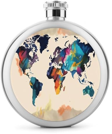Stainless Steel Flask for Men Abstract World Map Travel Hip Flask Leakproof Drinking Flasks Thin Flasks with Never-Lose Cap