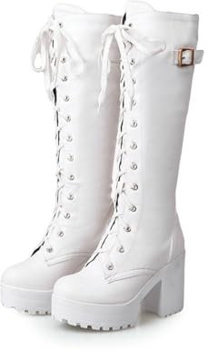 GYYZAYH Donna Lace Up Platform Winter Boots Chunky High Heel Il Ginocchio Stivali Militari Combattimento Lunghi Stivali,Bianca,34 EU