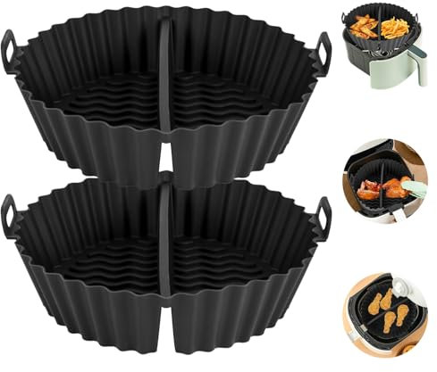 YYTECH 20 cm Runde Airfryer Silikonform 2 Stück Airfryer Zubehör Wiederverwendbarer Silikoneinsatz Schwarz Heißluftfritteuse Backform mit Trennwänden für Mikrowelle Ofen Fritteusen Backöfen