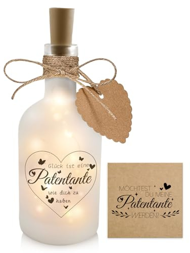 Patentante Geschenk LED Flaschenlicht Glückslicht Beleuchtete 
Dekoflasche | Patentante Fragen Möchtest du Meine Patentante Werden Flaschen Lichterketten Geschenk für Taufe Geburt Weihnachten Geburtstag