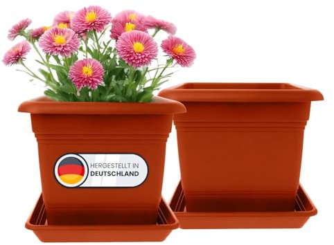 Lot de 2 grands pots de fleurs d'extérieur - 40 x 40 cm - 46 l - Avec soucoupe - En plastique - Fabriqué en Allemagne - Terracotta