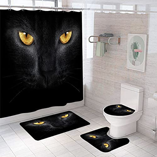 Badezimmerteppich Schwarze Katze Badteppich rutschfest Waschbar Badgarnitur 3 Teilig – Badematte Set Mit Wc-Vorleger Und Badematte,Teppich Badezimmer Für Sicherheit Und Komfort Im Bad 45X75Cm