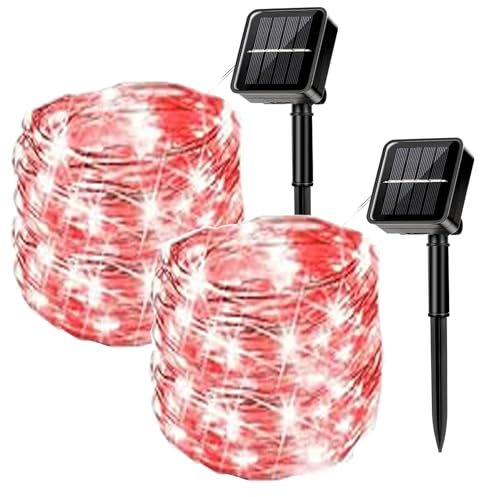 MUXIJIA 2pcs Guirlandes lumineuses solaires pour l’extérieur, 7M / 23Ft 50 LEDS Guirlandes lumineuses étanches 8 modes Guirlandes lumineuses solaires (rouge)