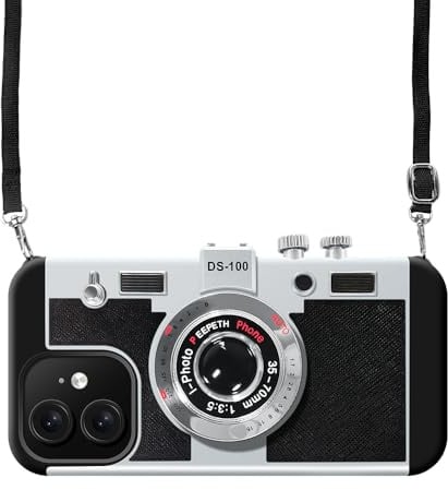 UnnFiko Emily in Paris Handyhüllen iPhone X/XS,3D Vintage Kamera lustige kreative hülle mit abnehmbarem Kette,Schutzhülle zum Umhängen,Schwarz.