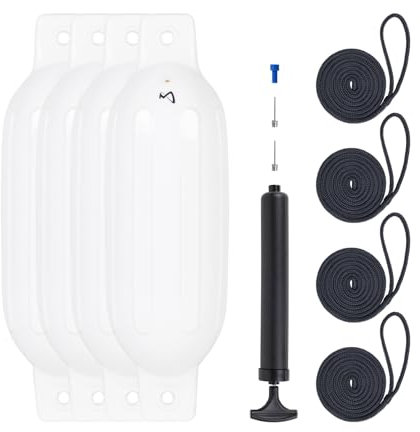 Mesle Fender Boot Dura 4er Set mit Leine & Pumpe, ø 11 cm | 40 cm lang, Langfender aufblasbar, Bootsfender, Fender Schiff Yacht Schlauchboot