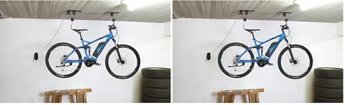 Fischer Fahrradlift Plus | Tragkraft bis 30 kg | Fahrradhalterung | Deckenhalterung für Fahrräder und E-Bikes | Bis zu 4 m Deckenhöhe | mechanisch | Deckenlift, Aluminium, Schwarz (Packung mit 2)