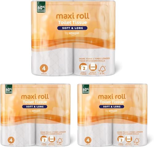 by Amazon Papier toilette (maxi rouleau), 2 plis, matelassé, doux et délicat, 4 rouleaux (3 paquet de 4), 500 déchirures par rouleau, certifié FSC