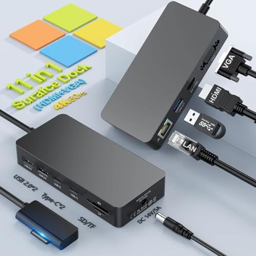 Surface Pro Docking Station, 11 in 1 Microsoft Surface Dock Triple Displays 4K@60HZ HDMI+VGA, Surface Dock for Microsoft Surface Pro 11/10/9/8/X/7/6/5/4,Surface Laptop go/7/6/5/4 /3/2, Surface Book