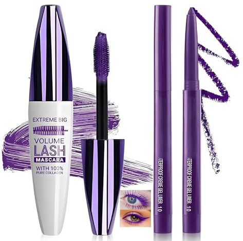 2-Pack 5D Silk Fiber Purple Mascara & Eyeliner Set, Waterproof, Long-Lasting, No Smudge, Telescopic High Lash Effect, Soft Brush for Sensitive Eyes, False Lash Look, Gentle Formula for Mature Eyes