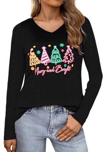 Terecey Christmas Shirts for Women UK Xmas T-Shirts V-Neck Christmas Tops Long Sleeve Casual Loose Ugly Holiday Vacation Clothes Cute Printed Tee, Black M