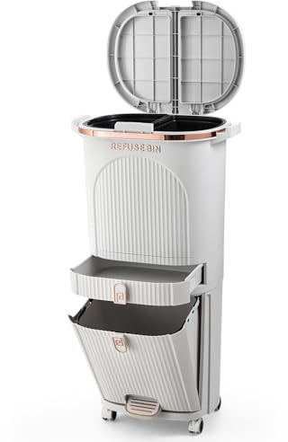 Warmiehomy 42L Kitchen Bin 4 Compartments Recycling Pedal Bin with Lid | Recycling Bins for Kitchen, Double Inner Bucket, 3 Tier Vertical Waste System with Wheels, Dry and Wet Separation, 2 Lids