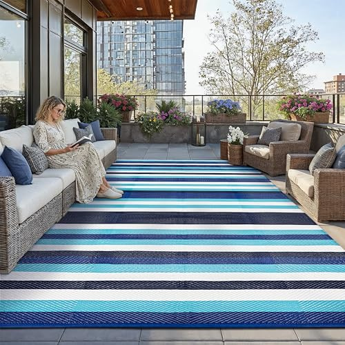 PureCozy Wetterfest Outdoor Teppich Groß, 300x420cm Wendbarer Balkon Camping Teppiche Blau Kunststoff Stroh Terrasse Matte UV-beständige Outdoorteppich Rug Carpet für Garten RV Picknick Hinterhof