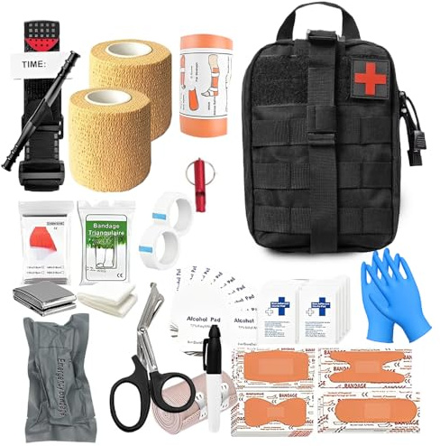 Första hjälpen-set utomhus militär, 61 delar First Aid Kit Military, Ifak fylld, nödkit, överlevnadsset för utomhuscamping, jakt, vandring, hem, bil, klättring, äventyr (svart)