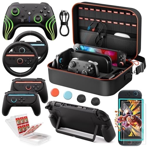 COOWPS Ensemble D’Accessoires 15‑En‑1 pour Manette Pro Switch 2, Étui Tout En Un, Poignées Joycon, Verre Trempé, Coque Protectrice, Volants, Étui À Cartes Et Capuchon Joystick, pour Switch 2 Console