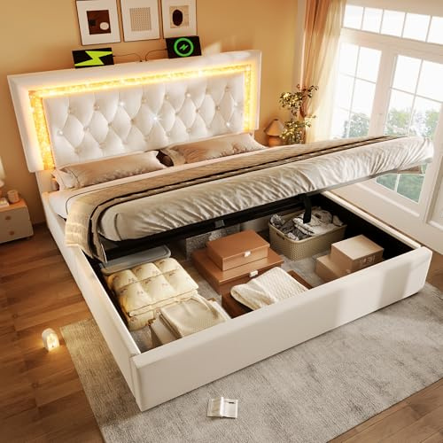 ECLIVON Doppelbett Polsterbett 180x200 mit LED Streifen und USB TYP C, Bett Bettgestell mit Hydraulisch Stauraum und Kopfteil, Jugendbett Betten mit Lattenrost aus Holz, Ohne Matratze, Samt, Beige
