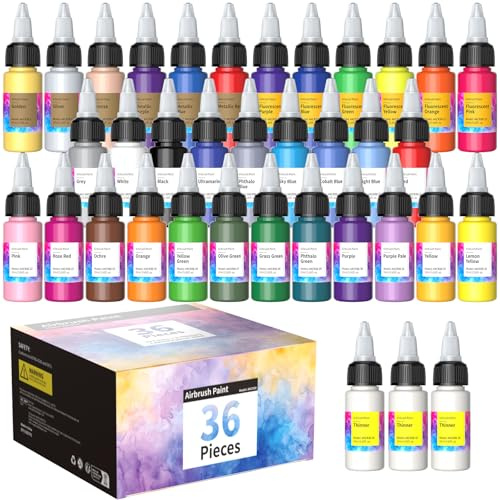 Oasser 36 Pcs Kit Peinture Aérographe, 33 Couleurs et 3 Diluants, 20 ml, pour Modélisme, Tissu, Chaussures, Murs, DIY, Ongles et Loisirs Créatifs