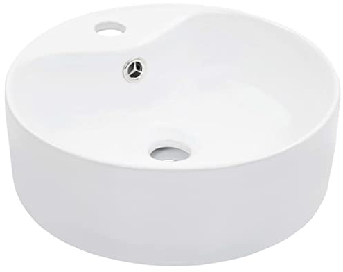 Mhdvray Lavabo da appoggio rotondo 36 x 13 cm in ceramica lucida con troppopieno, moderno lavabo per WC ospiti, piccolo bagno, roulotte e uso esterno