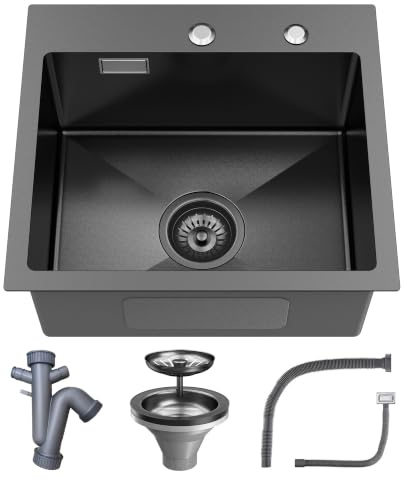 Black Kitchen Sink 45 x 40 cm, Stainless Steel Single Bowl with 2 Tap Holes | Top Mount & Flush Mount Waste Kit Included Deep Bowl Design Campervan Sink Utility Sink