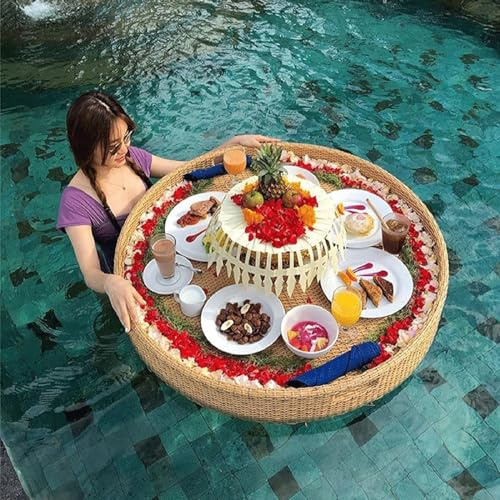 Vassoio galleggiante in rattan, vassoio galleggiante per piscina, vassoio a forma di cuore, vassoio da portata in rattan intrecciato a mano con manici, rotondo galleggiante per piscina, per servi