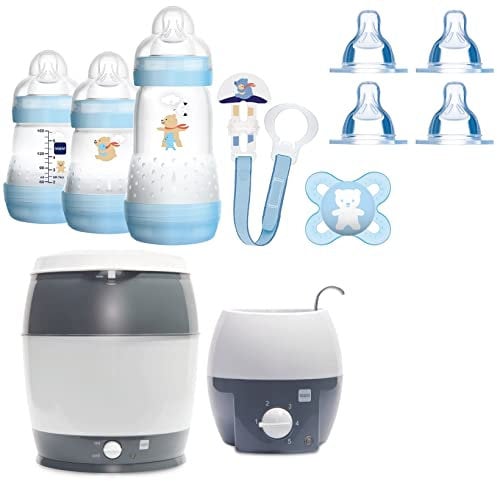 MAM Set 3 - Startset - Flaschen Sauger Sterilisator Flaschen- & Babykoster - Blau + gratis Geschenk
