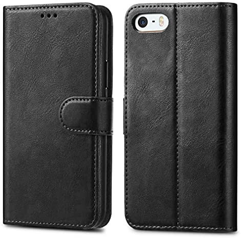 iPhone SE 5 5S Case Premium Leather Flip Wallet Case Cover Pouch For iPhone SE 5 / 5S and Screen Protector With Polishing Cloth And Stylus (Black)