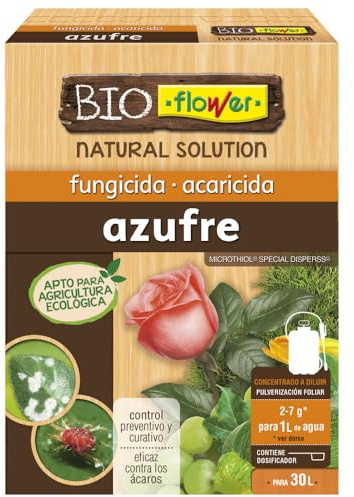 Flower - Fungicida Azufre Bioflower 50 ml | Control Oídio y Ácaros | Agricultura Ecológica | 4x25gr Microgránulos Mojables, No aplica, 10.3x3.7x14.5 cm, Azufre