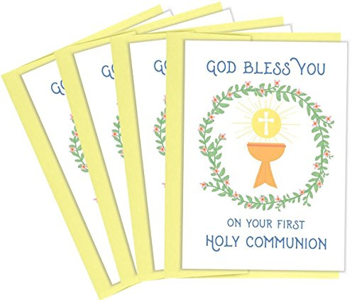 Tiny Expressions First Communion Greeting Cards – 4 Pack Religious 1st Holy Communion Cards for Boys & Girls, Includes Matching Envelopes