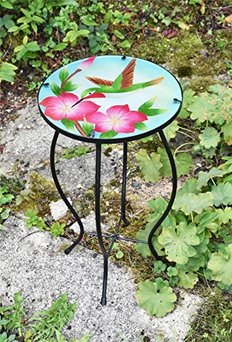 GEEZY Mosaic Garden Table – Colibri Design, Weatherproof Glass & Iron, Small Round Outdoor Patio Coffee Versatile Bistro Side Table Plant Stand for Home & Gift, 30.5 cm Diameter, Garden Tables Only