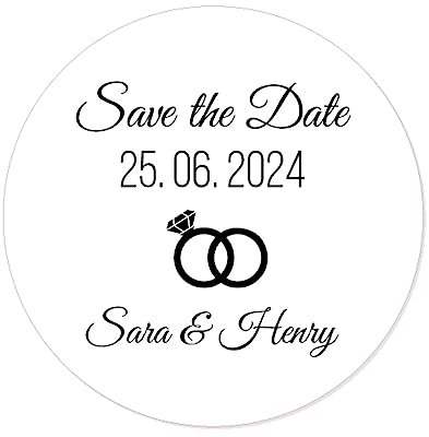 50 Stück personalisiert Save the Date Aufkleber Rings Hochzeitssticker - 4 cm Runde selbstklebende für die Hochzeit,Engagement,Gastgeschenk,Tischdeko,Flaschen,Tüten, Briefen, Einladungen - Rd 009
