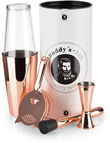 Buddy's Bar - Boston Bar-Set, 700 ml, shaker per cocktail Boston, misuratore da bar, pestello, colino da bar, sicuro per alimenti, set da bar con scatola regalo, rame lucido