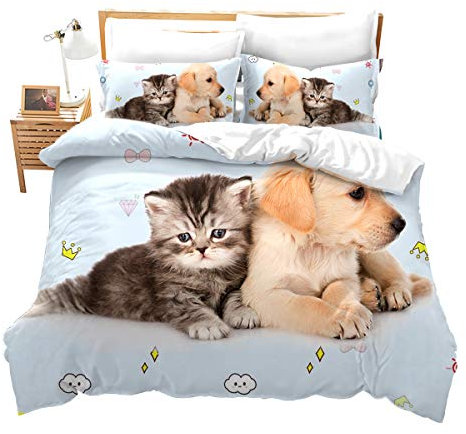 Loussiesd Tiere Bettwäsche Set Niedlich Schöne Hunde Katzen Bettwäsche Set für Jungen Mädchen Mikrofaser Hochwertiger Pet Theme Bettbezug mit 1 Kissenbezug 2 Stück 135x200 cm 80x80 cm Einzelbett