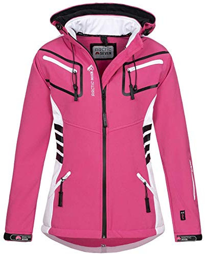 Arctic Seven Damen Softshell Funktions Outdoor Regen Jacke Sport Kapuze AS185 [AS-185-Rosa-Weiss-Gr.4XL]