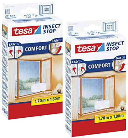 tesa Insect Stop COMFORT Fliegengitter Fenster - Insektenschutz mit Klettband selbstklebend - Fliegen Netz ohne Bohren (170 cm x 180 cm, 2er Pack/Weiß (Leichter Sichtschutz))