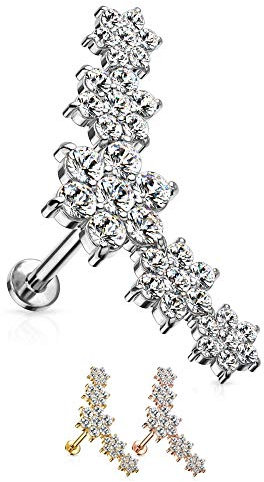 Treuheld® Kristall-Blumen Labret Piercing in 2 Größen [4.] - Silber - 1.2mm x 8mm