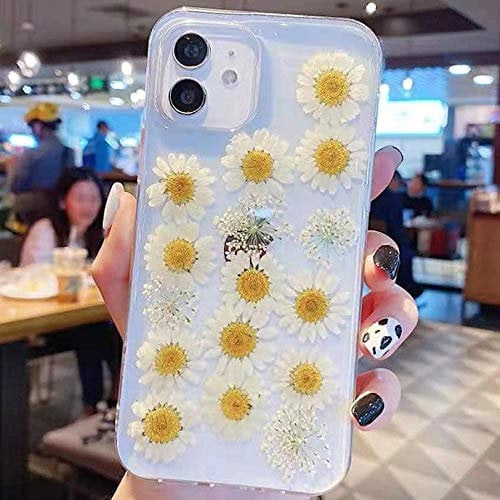 Tybiky iPhone SE 2020 Case iPhone 7/8 Mobile Phone Case, Soft Clear Rubber Pressed Dry Flower Case Girls Glitter Floral Dry Real Flowers Cover for iPhone SE 2020/7/8, 12 White Daisies