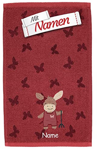 Sterntaler Esel Emmily Garden Kinderhandtuch Bestickt mit Namen, MädchenKinder Baby Handtuch personalisiert besticken Lassen, 30 x 50 cm Rot mit Schmetterlingen
