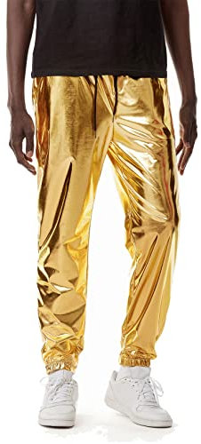 LucMatton Mens Metallic Shiny Jogger Sweatpants 70s Disco Hippop Party Rock Star Elastic Sparkle Trousers Gold Lame Pants XX-Large