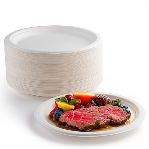 Piatti Carta Bianco Piatti Usa e Getta Piatti di Carta Biodegradabili e compostabili Riciclabile Bagassa di Canna da Zucchero Ecologici Piatti (22,8CM, 100PCS)