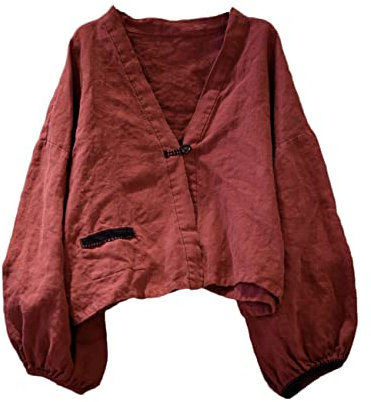 NFYM Women's Linen Open Front Long Sleeve V Neck Plain Crop Top Dark Red One Size, darkred, One Size