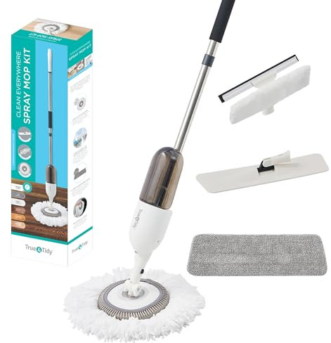 True & Tidy SPRAY-360A Clean Everywhere Spray Mop Kit Premium Floor Spray Mop - Includes Flat Mop Head, Round Mop Head, Squeegee Mop Head, Refill with Any Cleaning Solution, Machine Washable Mop Pad