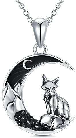 Shusukue Mondkette Fuchs Kette 925er Sterling Silber Fuchs Mond Halskette Schwarz Damen Gothic Anhänger Schmuck Geschenke für Frauen Mädchen