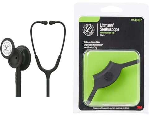 3M Littmann Classic III Stethoskop zur Überwachung, 5803, Black Edition Bruststück, schwarzer Schlauch, 69 cm & Stethoskop-Namensschild, 40007, Schwarz