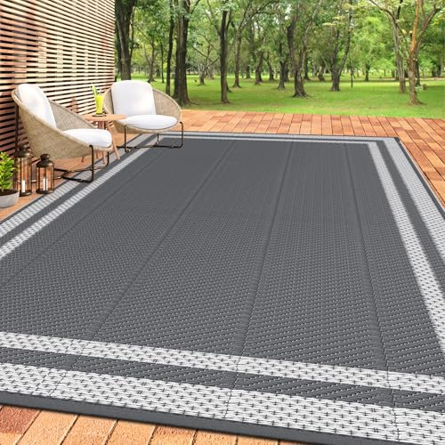 HappyTrends, Outdoor-Teppich, Terrassenteppich, wendbar, tragbar, Kunststoff-Strohteppich, Camping-Teppiche für den Außenbereich, Wohnmobil, groß, wasserdicht, Balkon (1.8x2.9 m, weiß und grau)