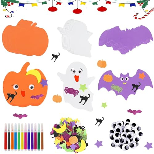 PTBWS Ha-lloween Basteln Kinder, 24 Stück Ha-lloween Schaum Kürbis,100 Stück Halloween Pumpkin Face Stickers,50 Stück Wackelaugen,DIY Kürbis Bastelset für Halloween Party Deko