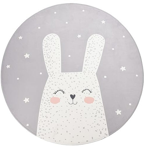 Primaflor - Ideen in Textil Moderner Kinderteppich Dreamland - Hase, Rund 100 cm Durchmesser, Weicher Spielteppich, Rutschhemmende Ultra Softe Spiel- und Krabbelmatte für Baby- und Kinderzimmer