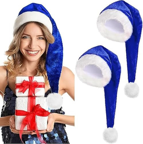 RoadLoo Weihnachtsmütze, 2 Stück Lang Weihnachtsmütze Nikolausmütze Weihnachtshut Plüsche Weihnachtsmann Mütze Santa Weihnachtsmütze für Herren/Damen für Neujahr Festliche Feiertage Party (Blau)