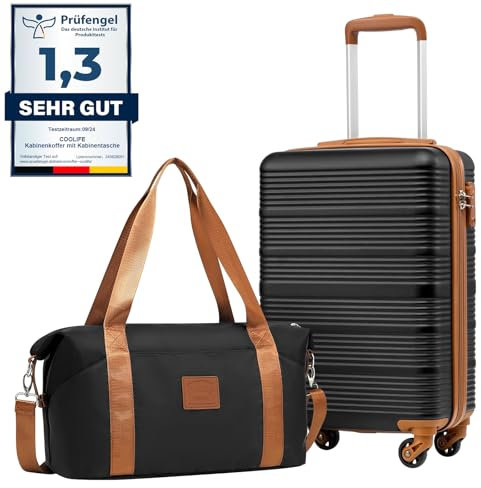 COOLIFE Set de 2 pièces Ryanair Valise Cabine 55×35×20 ABS Valises et 1 Bagage Cabine Leger a 4 Roues,Serrure TSA (Marron Noir, 55×35×20 Set de Valises)