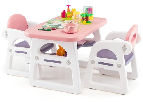 Maxmass Kids Desk and Chairs Set, 3-Piece Plastic Children Activity Table Set with Storage Rack and 2 Recesses, Toddlers Study Furniture Set for Eating, Studying and Playing (Pink + Purple)